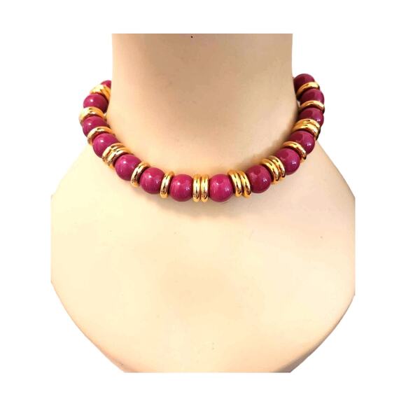 Vintage LCi Liz Claiborne Hot Pink Gold Tone Beaded Choker Adjustable Necklace - Picture 1 of 5